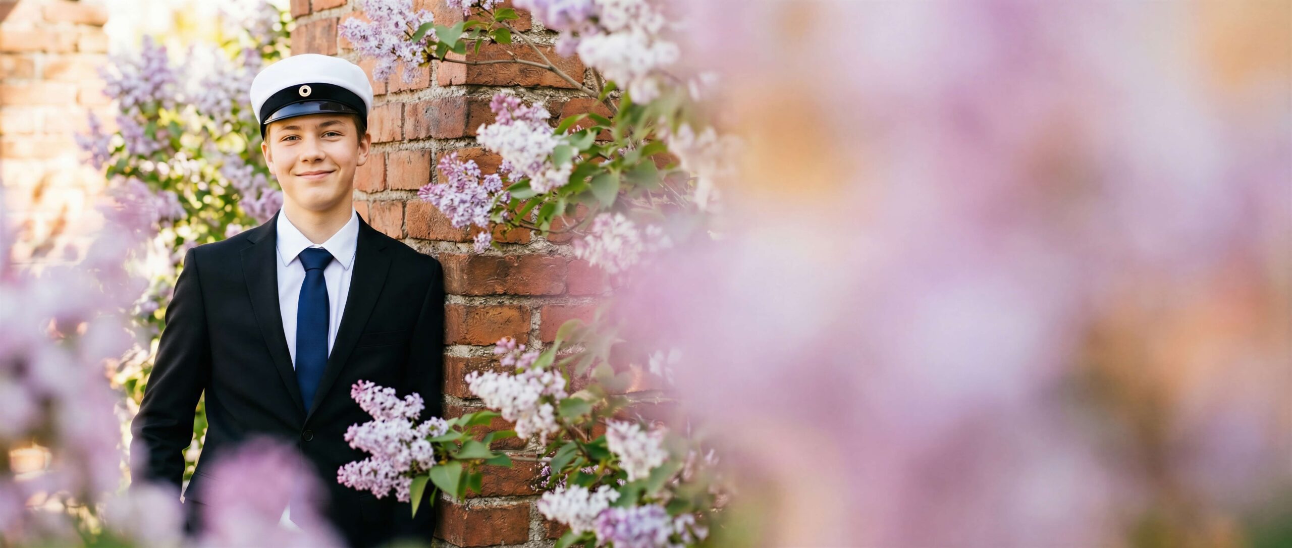 Person i studentmössa och kostym står framför en tegelvägg omgiven av blommande syrener, fotograferad i mjukt naturligt ljus med suddig förgrund.