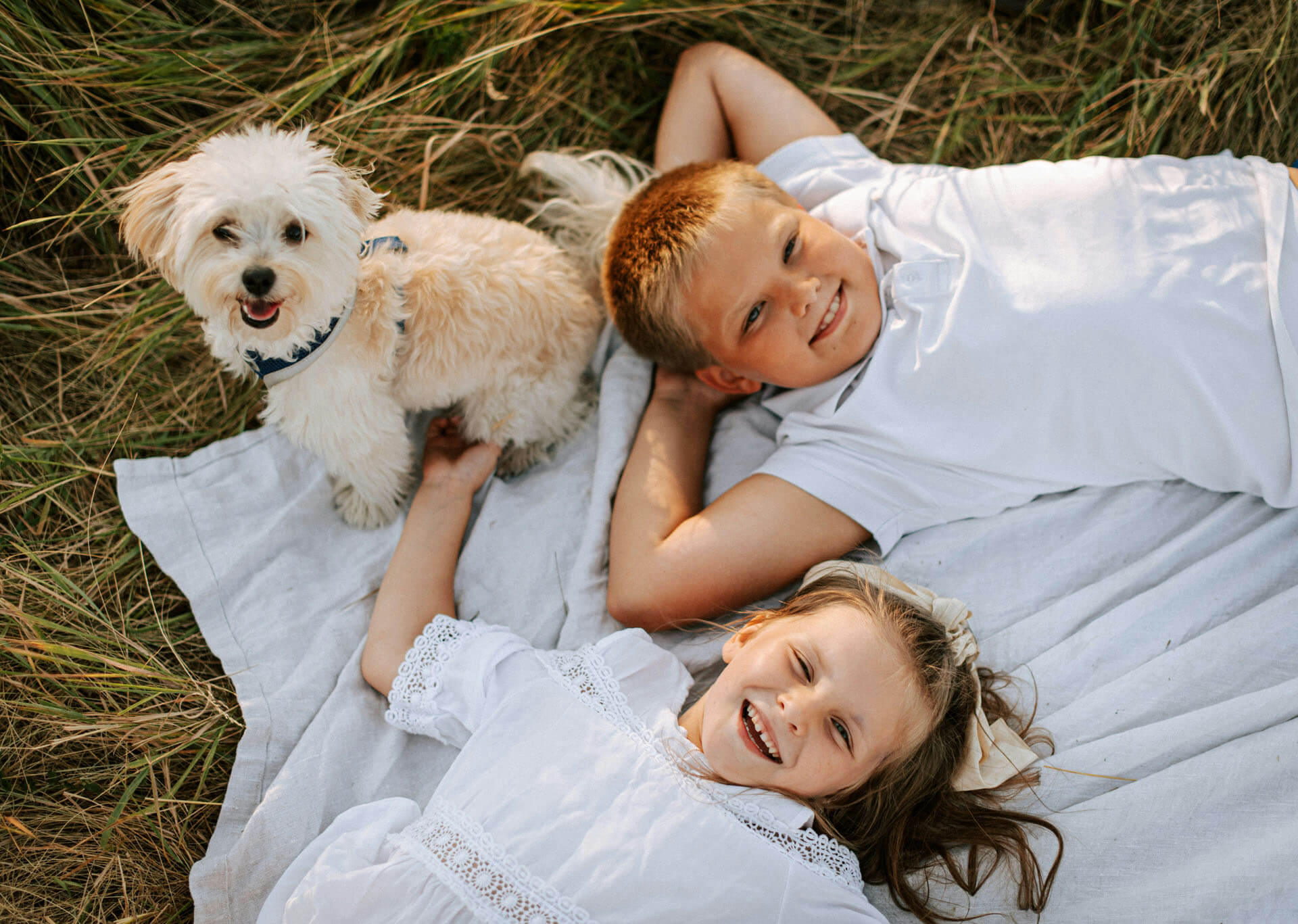 Två barn ligger på en filt i högt gräs tillsammans med en liten vit hund, fotograferade uppifrån i varmt naturligt ljus.