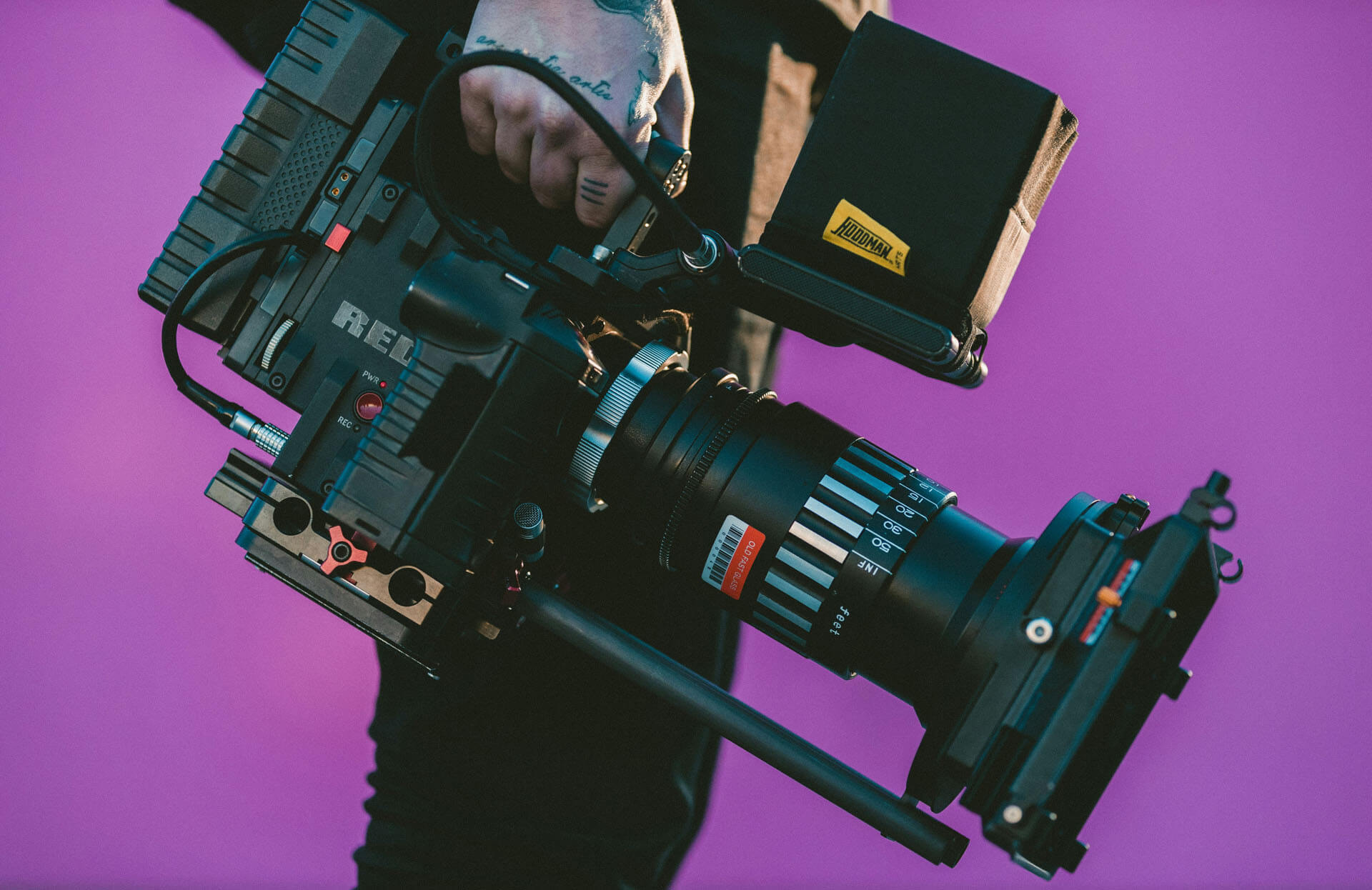 Närbild av professionell videokamera med monterad mikrofon och rigg, hållen i handen mot färgstark bakgrund med fokus på filmutrustning.